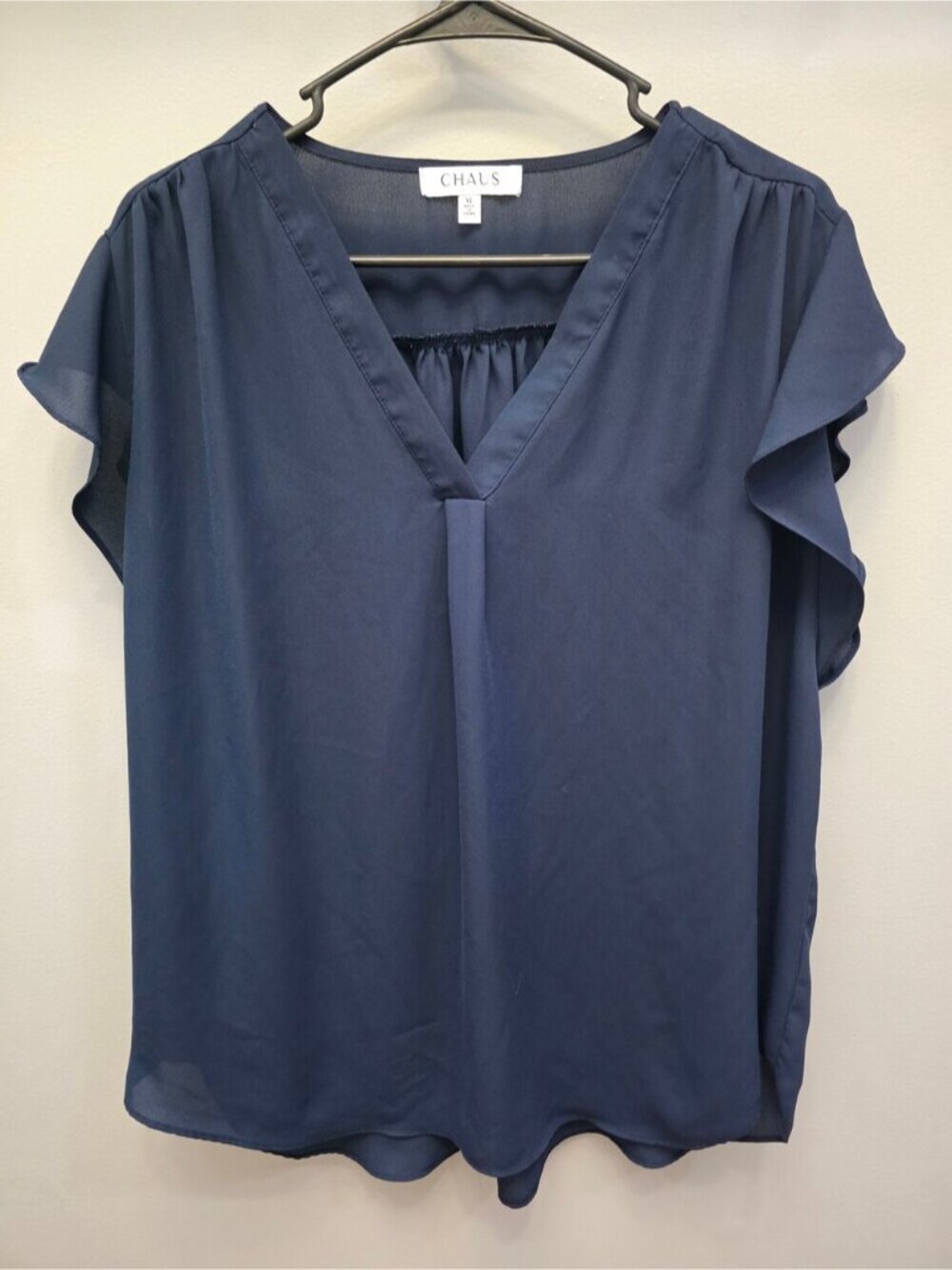 CHAUS XL Navy Blue Lightweight V-Neck Flutter Sleeve Top